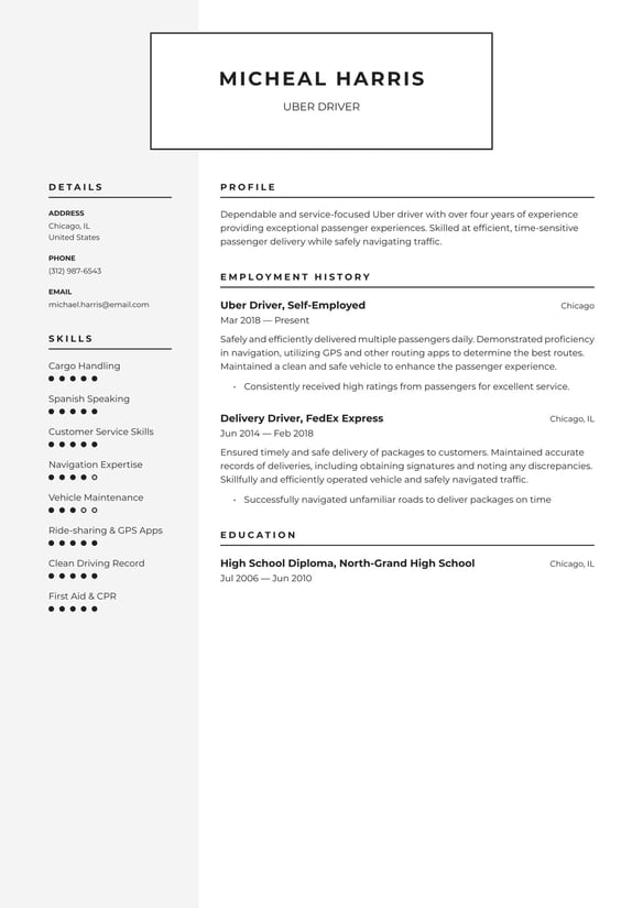 Uber Driver resume example