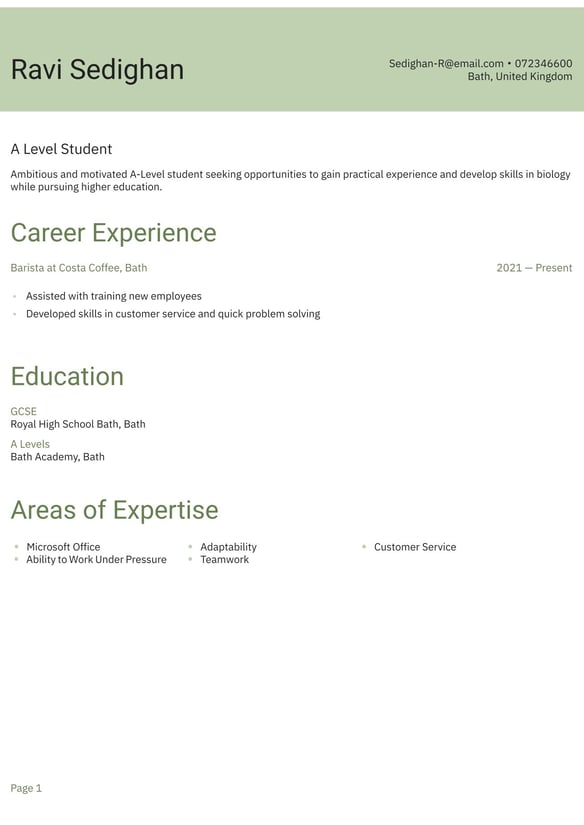 A Level Student resume example