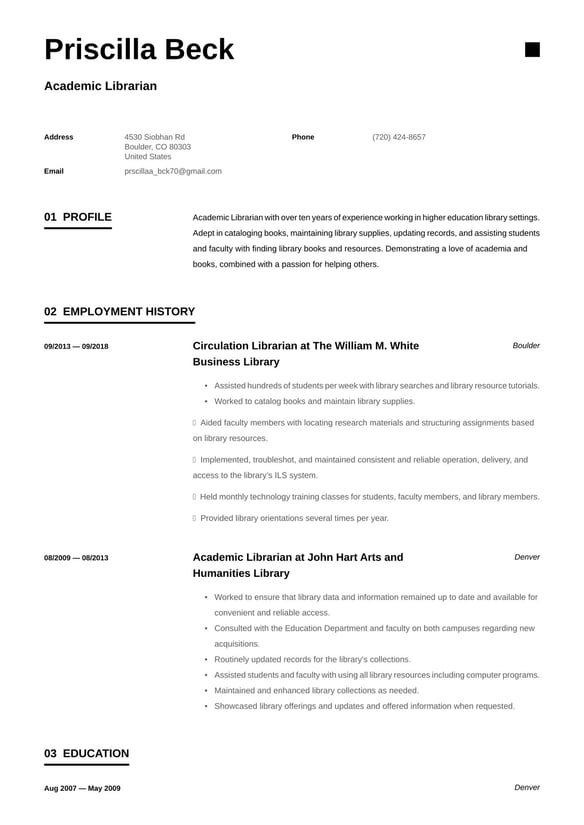 Academic Librarian resume example