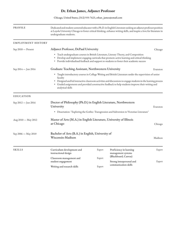 Adjunct Professor resume example