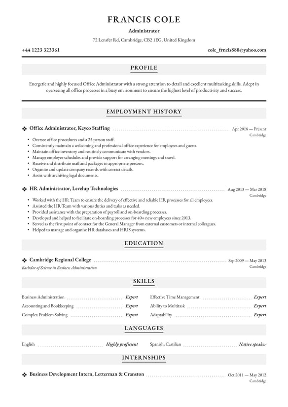 Administrator resume example