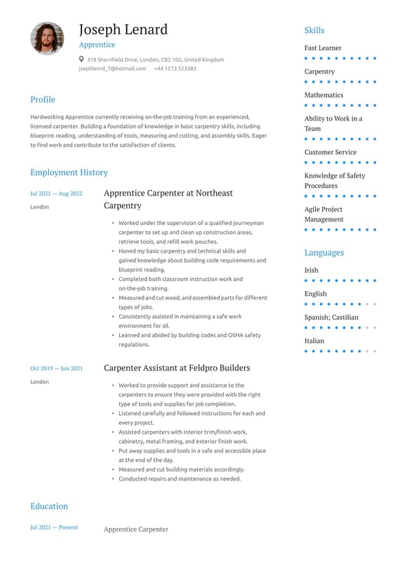 Apprentice resume example