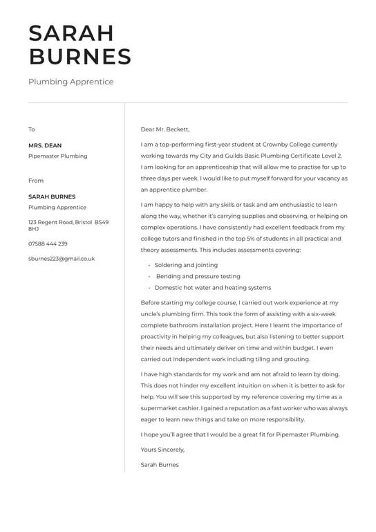 Apprenticeship cover letter example