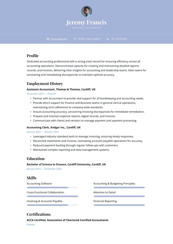 Assistant accountant resume example
