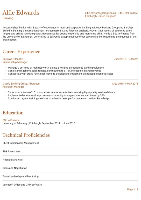 Banking resume example