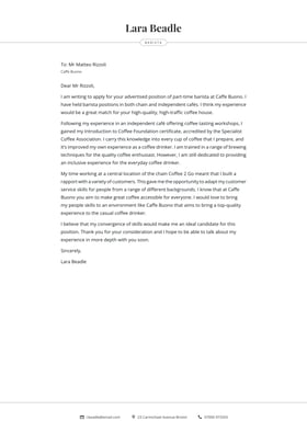 Barista cover letter example