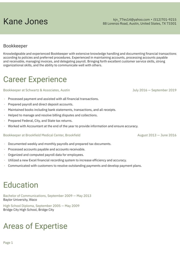 Bookkeeper resume example