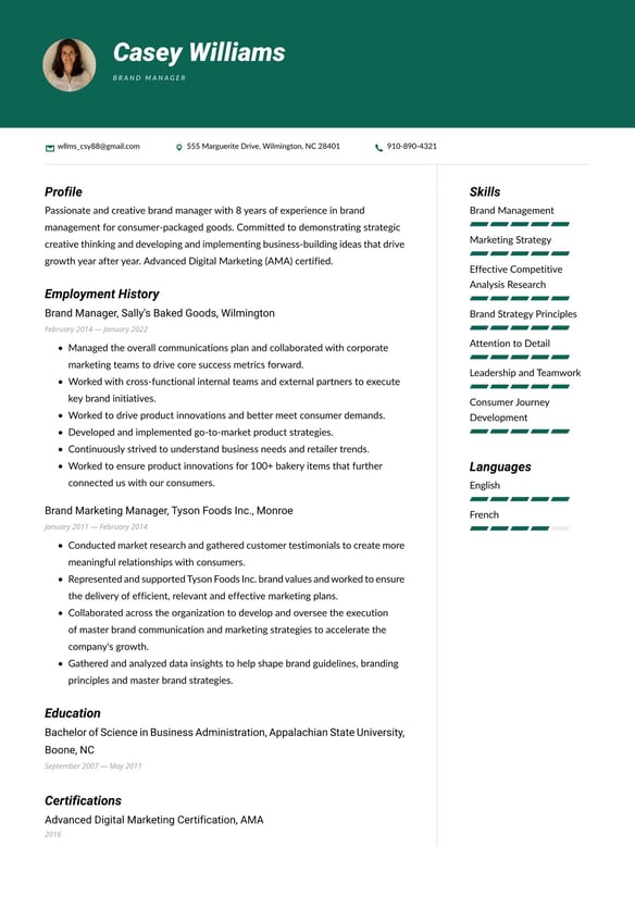 Brand Manager resume example