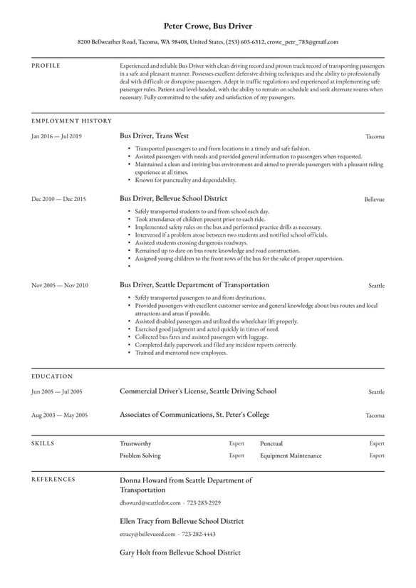 Bus Driver resume example