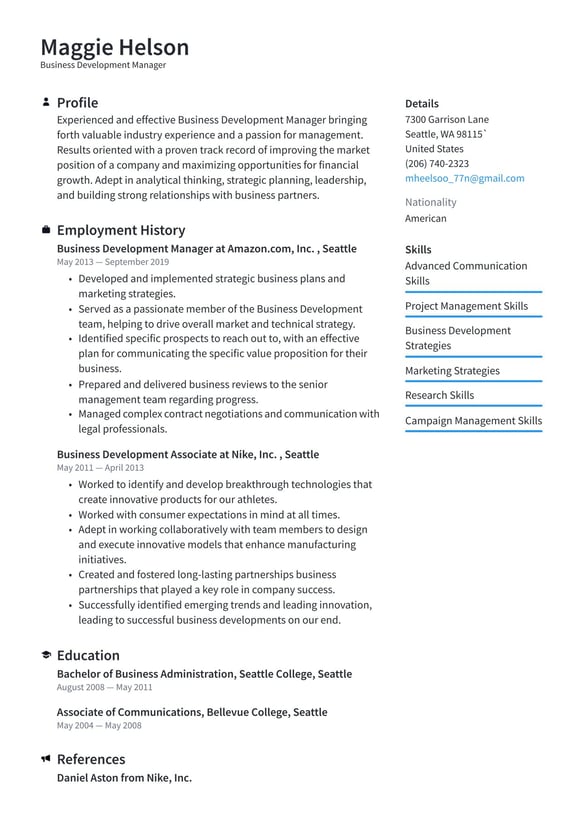 Business Development Manager resume example