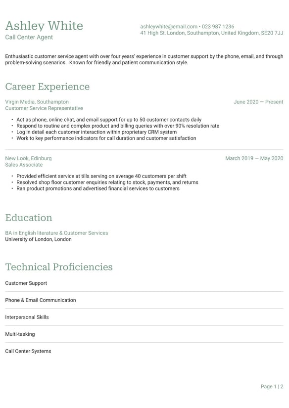 Call Centre Agent resume example