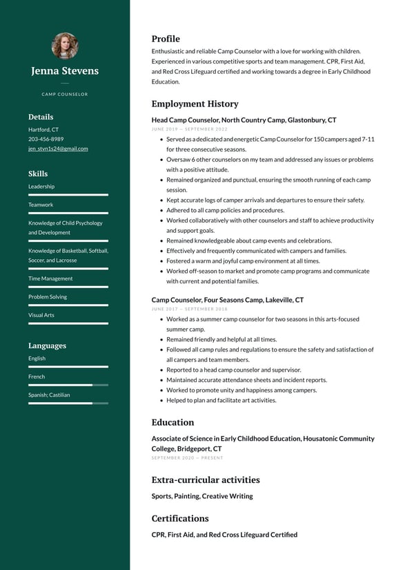 Camp Counselor resume example