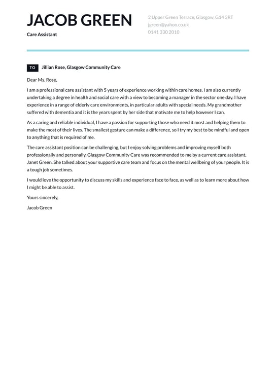 Care Assistant cover letter example