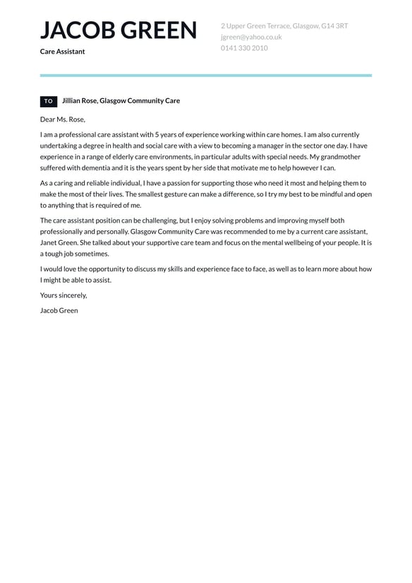 Care Assistant cover_letter example