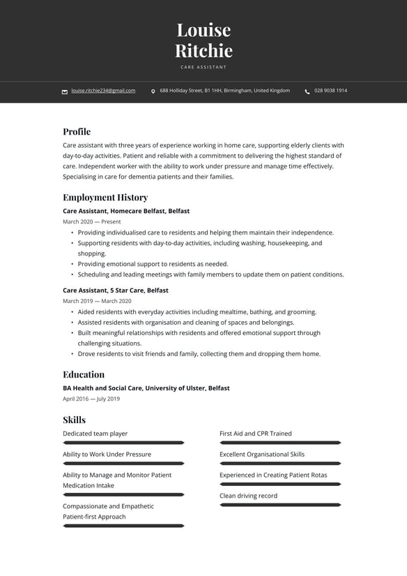 Care Assistant resume example