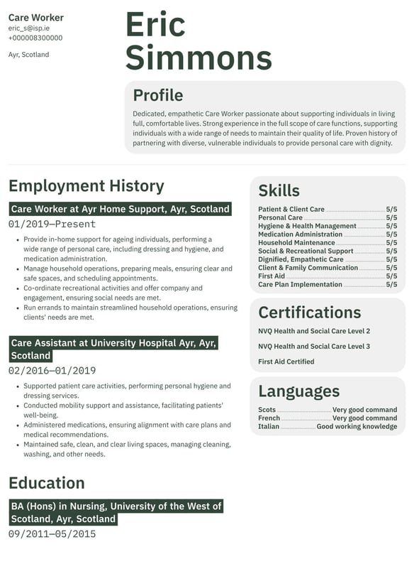 Care Worker resume example