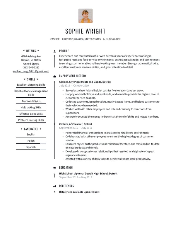 Cashier resume example