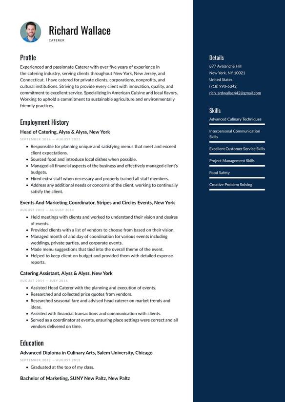 Caterer resume example