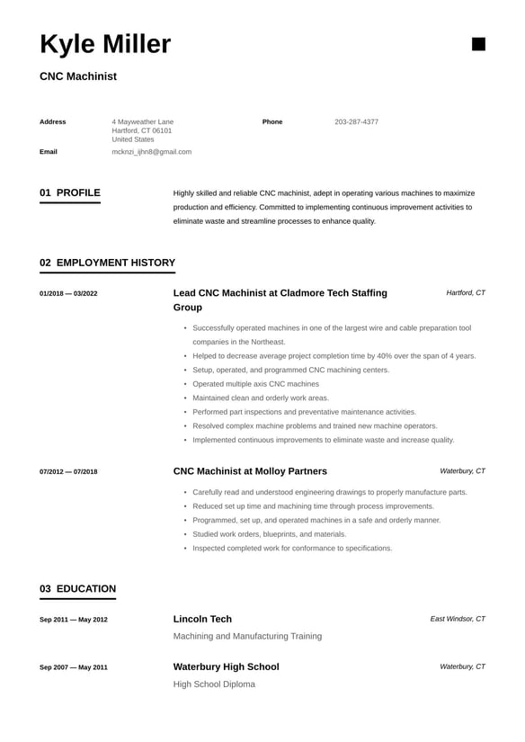 CNC Machinist resume example
