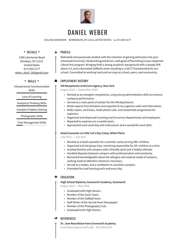 College Admissions resume example