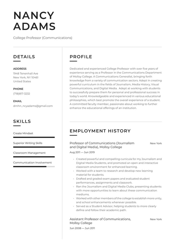 College Professor resume example