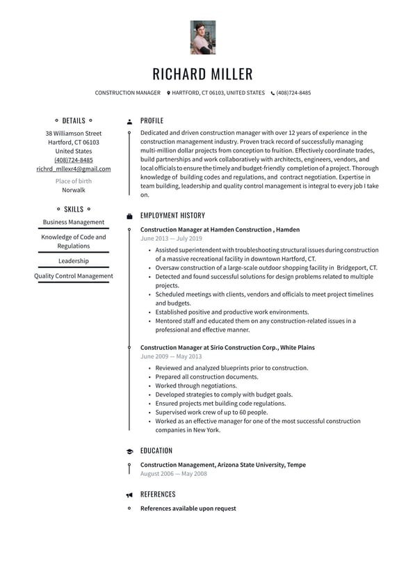 Construction Manager resume example