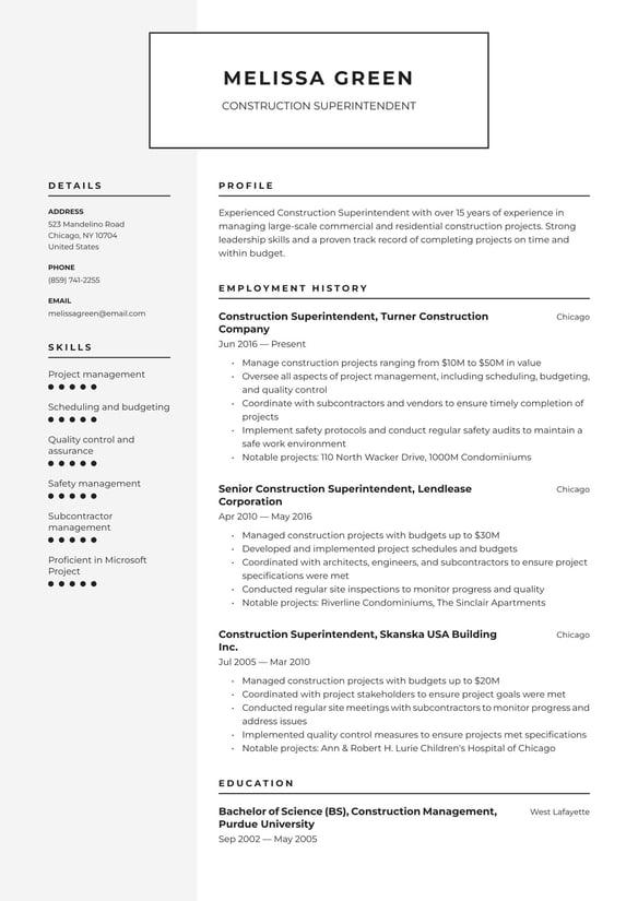 Construction Superintendent resume example