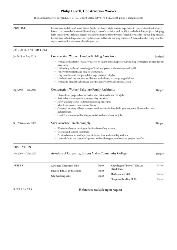 Construction Worker resume example