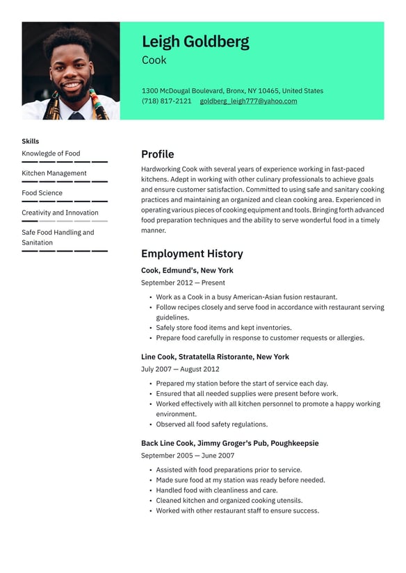 Cook resume example