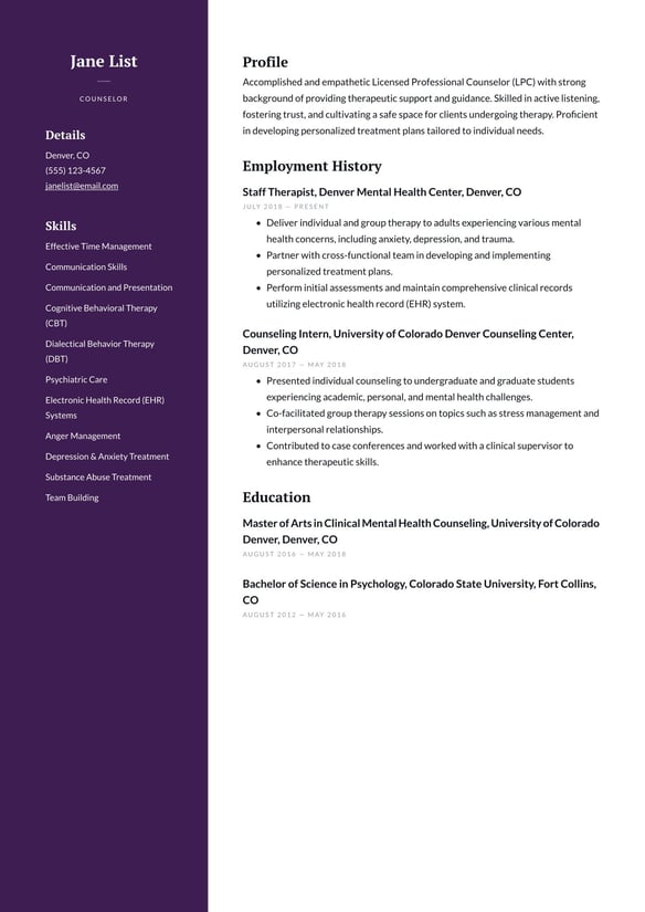 Counselor resume example
