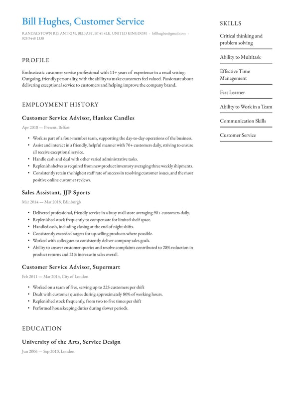 Customer Service resume example