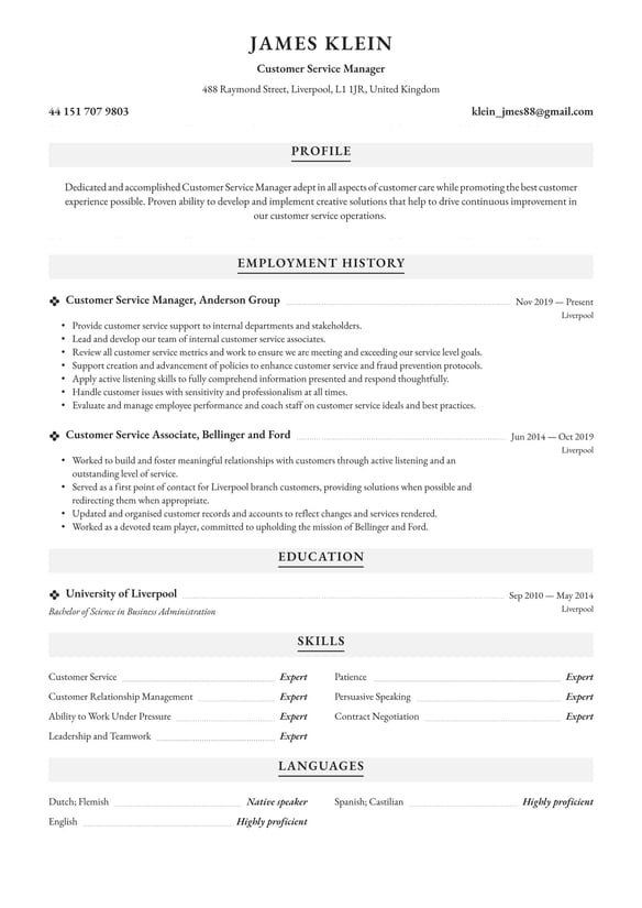 Customer Service Manager resume example
