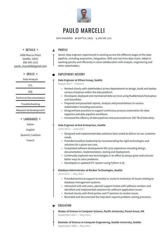 Data Engineer resume example
