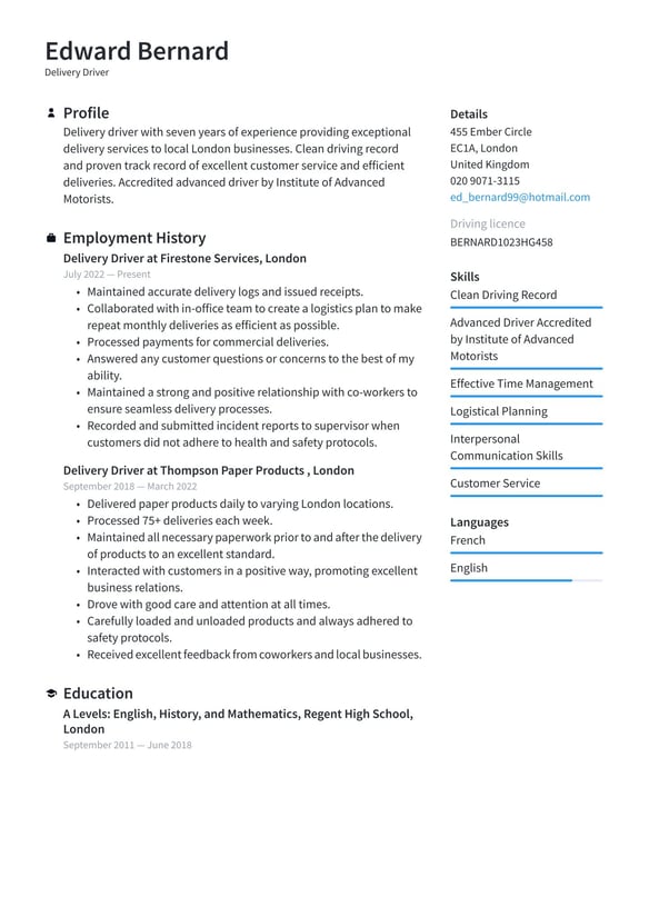 Delivery Driver resume example