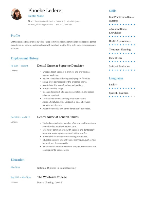 Dental Nurse resume example