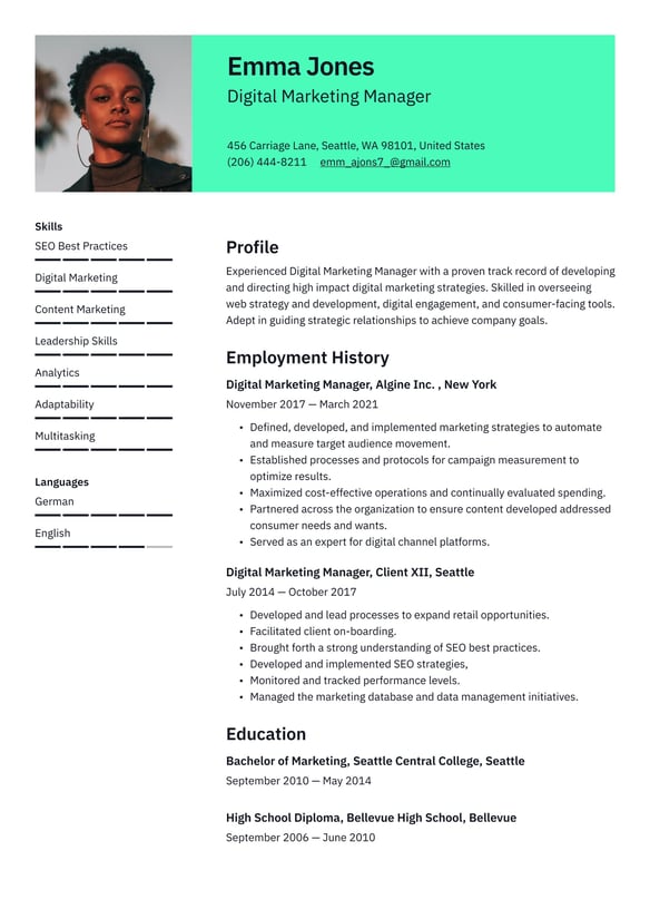 Digital Marketing resume example