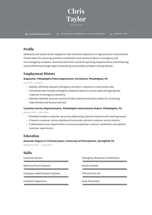 Dispatcher resume example