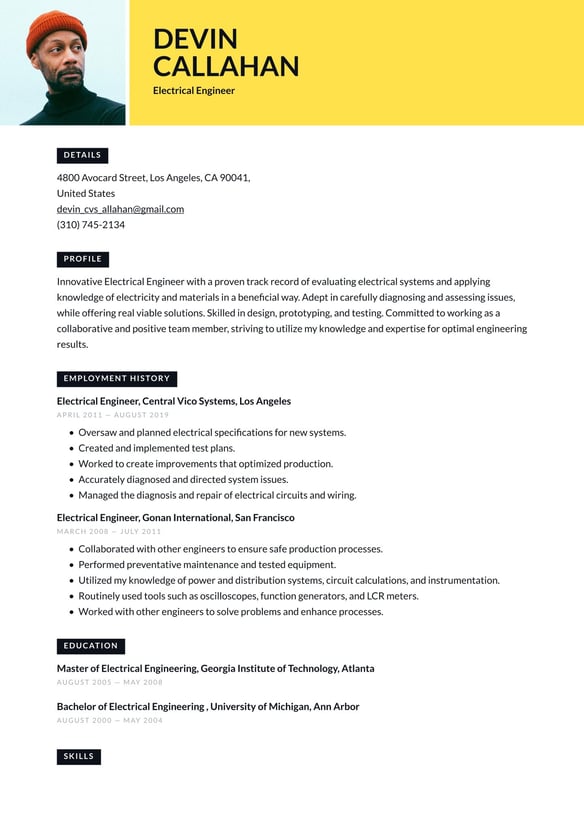 Electrical Engineer resume example
