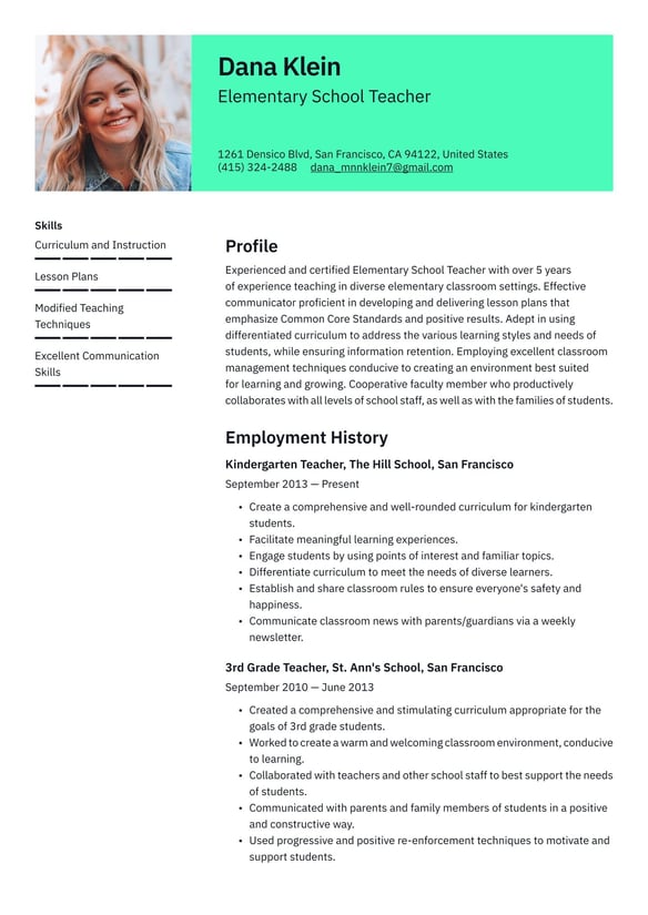 Elementary School Teacher resume example
