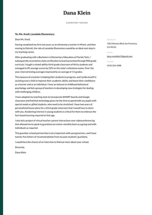 Elementary Teacher cover_letter example