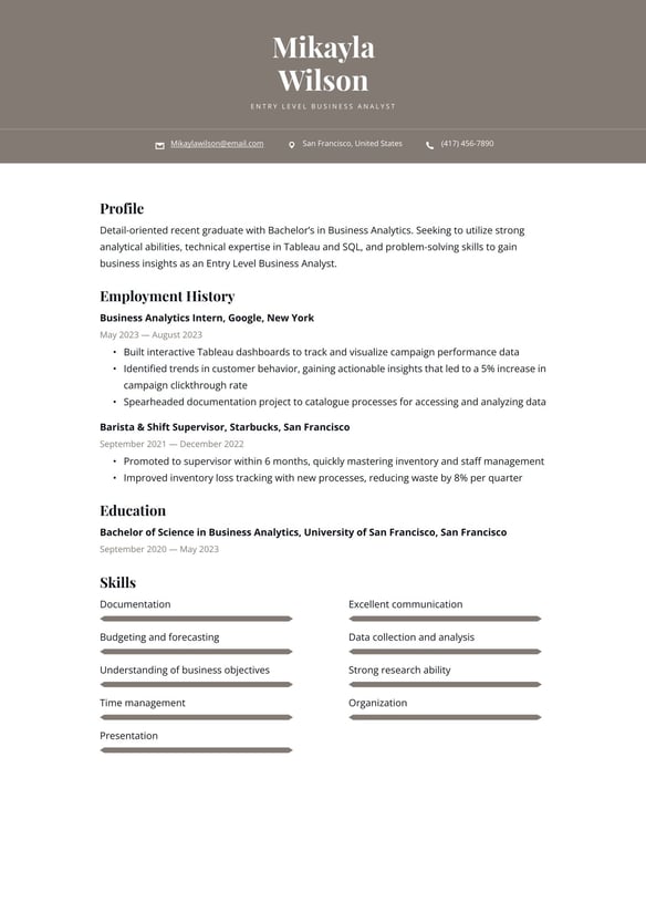 Entry Level Business Analyst resume example