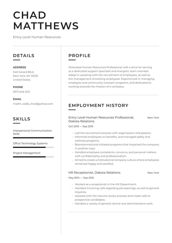 Entry Level HR resume example