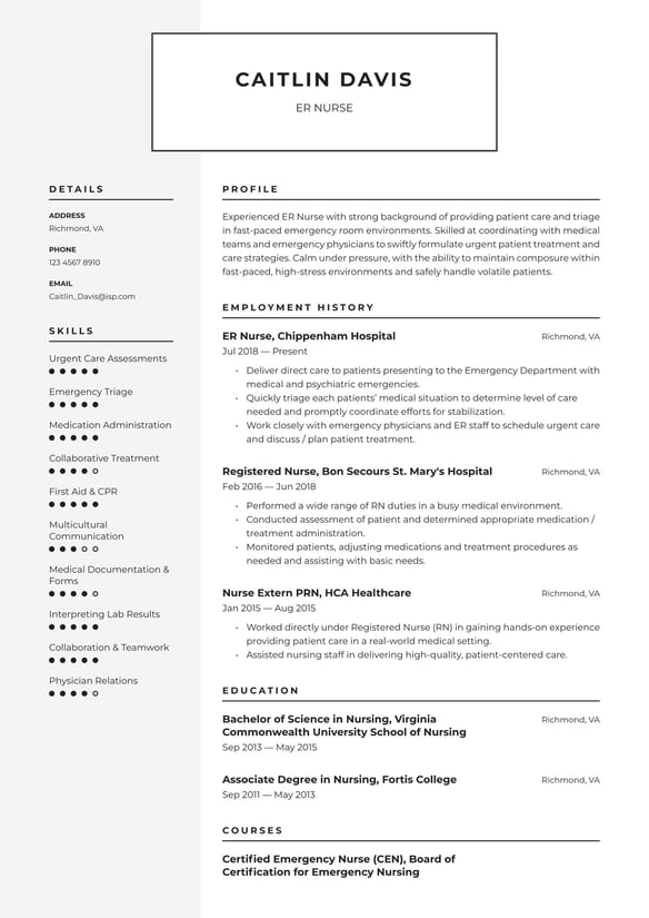 Emergency room (ER) nurse resume example
