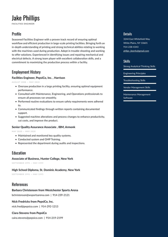 Facilities Engineer resume example