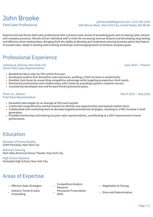 Field Sales Professional resume example