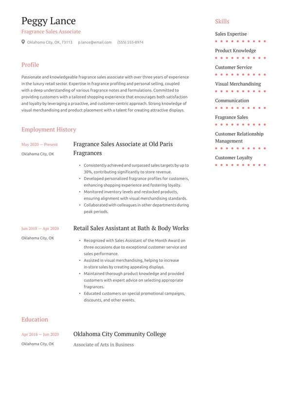Fragrance Sales Associate resume example