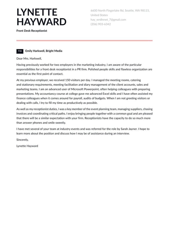 Front Desk Receptionist cover_letter example