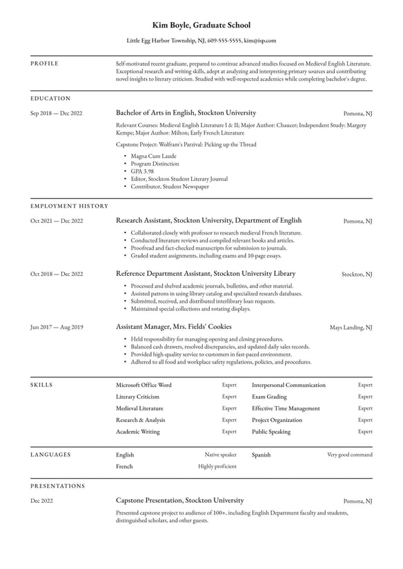 Graduate School resume example