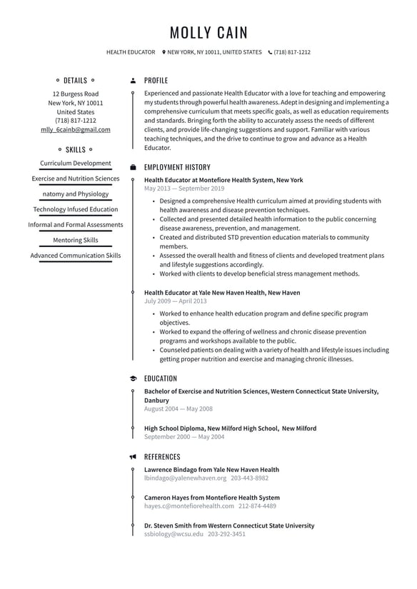Health Educator resume example