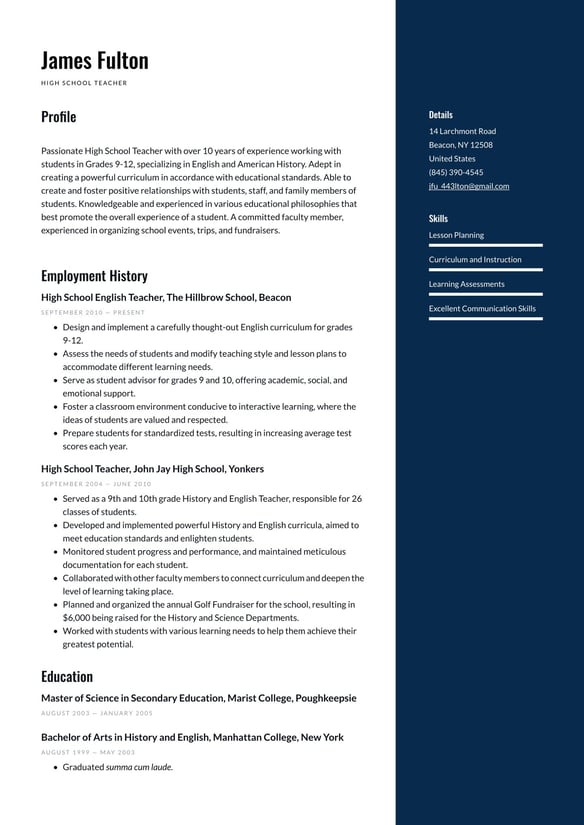 High School Teacher resume example
